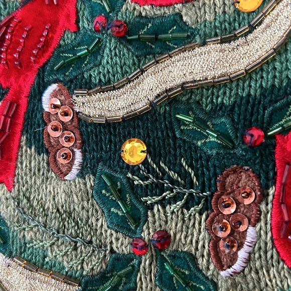 Beads Sequins Embroidery Cardinals Xmas Tree Ramie Cotton Sweater Tiara Int'l Lg - Picture 6 of 14